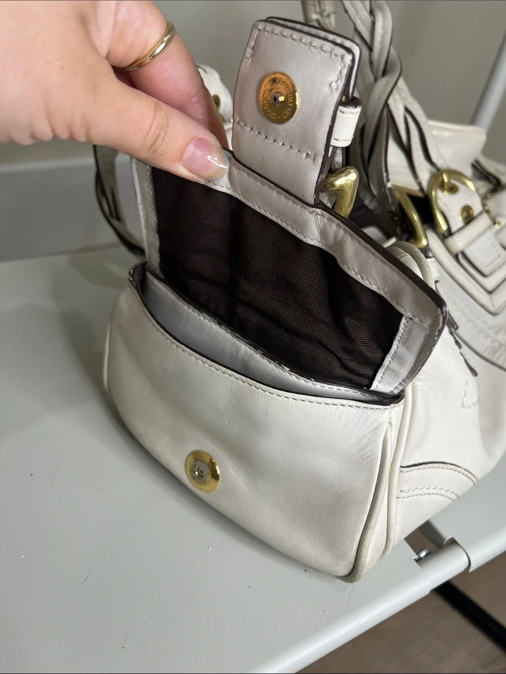 Coach  Cream Soho Mia Shoulder Bag with Braided Handles and Gold Hardware